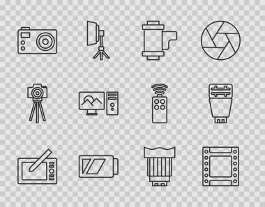 Çizgi grafiksel tablet, kamera rulo kartuşu, kamera için pil, fotoğraf, rötuşlama, fotoğraf lensi ve flaş simgesini ayarla. Vektör