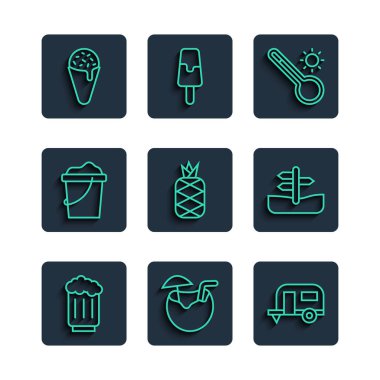 Ahşap bira kupası, hindistan cevizi kokteyli, karavan, meteoroloji termometresi, ananas, kum kovası, dondurma külahı ve trafik işareti ikonu. Vektör