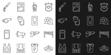 Polis şapkası, papağan, suç mahalli, Hexagram şerifi, telsiz, ıslık, plastik cop ve rozet kutusu ikonu. Vektör