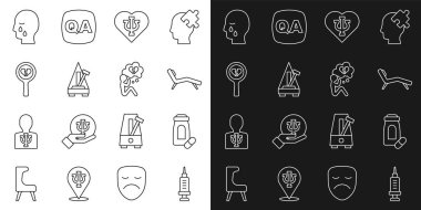 Uyuşturucuya, yatıştırıcı haplara, Kol Sandalyesi, Psikoloji, Psi, Sarkaçlı Metronom, Kırık Kalp ya da Boşanma 'ya, Adam Cenaze Kederi ve İkona' yı Mezara Gömecek. Vektör