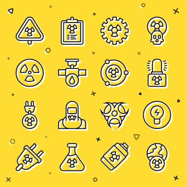 Gezegen ve radyasyon hattı, fikir kavramına sahip ampul, radyoaktif uyarı lambası, boru vanası, üçgen ve ikon. Vektör