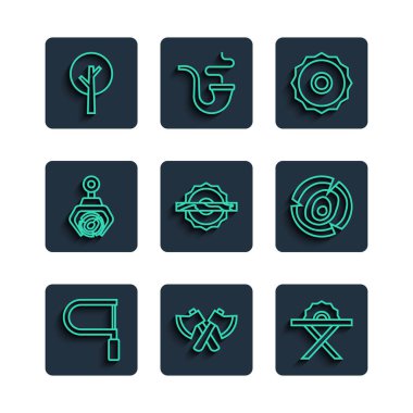 Demir testeresi, tahta balta, elektrik dairesi, dairesel bıçak, vinç yakalama kütüğü, ağaç ve kütük simgesi. Vektör