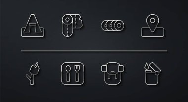 Sıralı turist çadırı, çubukta lokum kamp yeri, sırt çantası, çatal kaşık, kağıt havlu rulosu, çakmak ve battaniye ikonu. Vektör