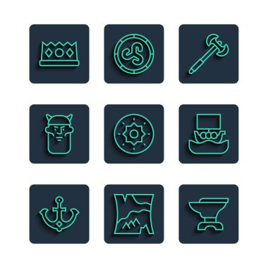 Anchor, Katlanmış harita demircilik için Örs, Ortaçağ kutup baltası, Kalkan viking, Viking kafası, Kral tacı ve gemi Drakkar ikonu. Vektör