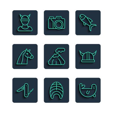 İsviçre çakısı, balık bifteği, fok balığı, volkan, at, Viking kafası ve boynuzlu kask ikonu. Vektör