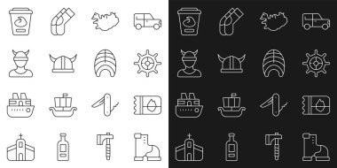 Kış çizmesi, İzlanda bileti, direksiyon simidi, Viking boynuzlu miğferi, kafası, yoğurt konteynırı ve balık biftek ikonu. Vektör