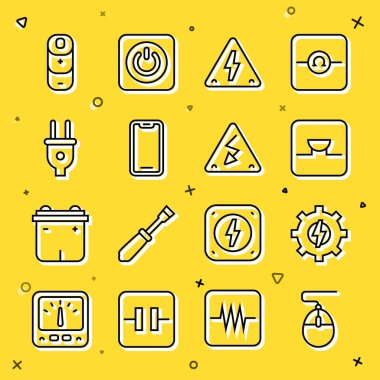 Bilgisayar faresi, Gear ve Şimşek, Buzzer elektronik devresi, yüksek voltaj, cep telefonu, elektrik prizi, pil şarjı ve simge ayarla. Vektör