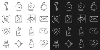 Kırık Kalp veya Boşanma, Sevgililer Günü Zarfı, Kahve fincanı ve Takvim 14 Şubat, Aşk metni, Anahtar Şekli ve Hediye Kutusu ikonu. Vektör