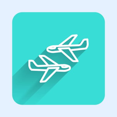 Beyaz çizgi düzlem simgesi uzun gölge arkaplanı ile izole edildi. Uçan uçak ikonu. Uçak tabelası. Yeşil kare düğmesi. Vektör