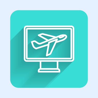 Beyaz çizgi düzlem simgesi uzun gölge arkaplanı ile izole edildi. Uçan uçak ikonu. Uçak tabelası. Yeşil kare düğmesi. Vektör