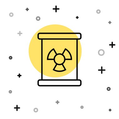 Varil simgesindeki siyah çizgi radyoaktif atık beyaz arka planda izole edildi. Zehirli atık fıçısı. Radyoaktif atık emisyonları, çevre kirliliği. Rastgele dinamik şekiller. Vektör