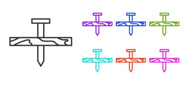 Siyah çizgili metal çivi ve tahta ikonu beyaz arka planda izole edilmiş. Simgeleri renklendirin. Vektör