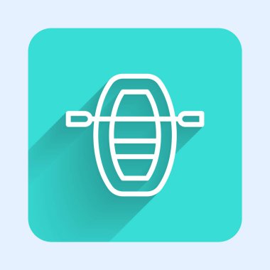 Kürekleri uzun gölgeli beyaz çizgili tekne ikonu. Su sporları, ekstrem sporlar, tatil, tatil, takım oluşturma. Yeşil kare düğmesi. Vektör