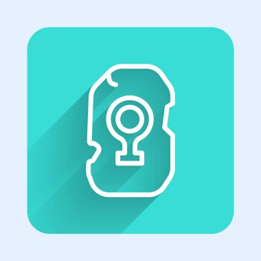 Beyaz çizgi sihirli mühür simgesi uzun gölge arkaplan izole. Rune taşı. Yeşil kare düğmesi. Vektör