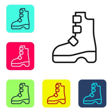 Siyah çizgi Kadim Viking bot simgesi beyaz arka planda izole edildi. Eski zamanların geleneksel kıyafetleri ve aksesuarları. Renkli kare düğmelerle simgeleri ayarla. Vektör