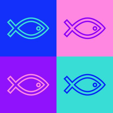 Pop sanat çizgisi Hıristiyan balık sembolü renk arkaplanında izole edilmiş. İsa 'nın balık sembolü. Vektör