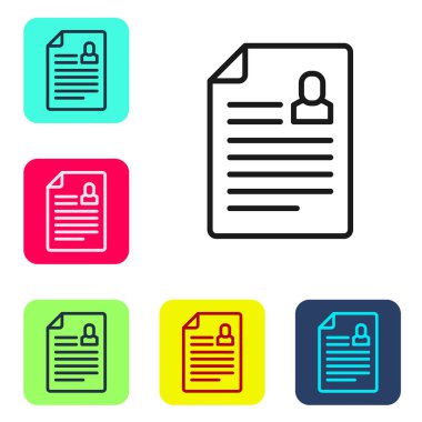 Siyah çizgi beyaz arkaplanda izole edilmiş simgeye devam et. Özgeçmiş başvurusu. Profesyonel personel aranıyor. Personel analizi devam ediyor. Renkli kare düğmelerle simgeleri ayarla. Vektör