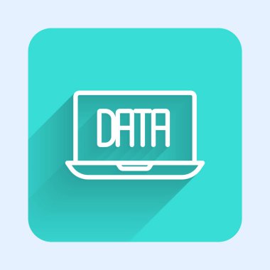 White line Data analysis icon isolated with long shadow background. Business data analysis process, statistics. Charts and diagrams. Green square button. Vector