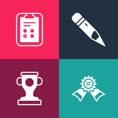 Pop sanat madalyası, ödül kupası, silgiyle kalem ve sınav kağıdı işaretleme simgesini ayarla. Vektör