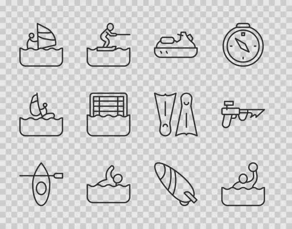 Set line Kayak and paddle, Water polo, Jet ski, Swimmer, Windsurfing, Surfboard and Fishing harpoon icon. Vector