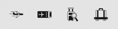 Uçak, uçak bileti, bavul ikonlu kayıp bagaj ve taşıma bandı. Vektör