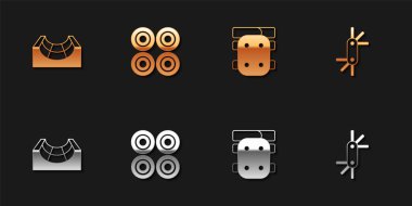 Kaykay parkı, kaykay tekerleği, dizlikler ve araç allen tuşları simgesi. Vektör