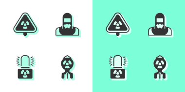 Nükleer bomba, radyasyonlu üçgen, radyoaktif uyarı lambası ve reaktör işçisi ikonu. Vektör