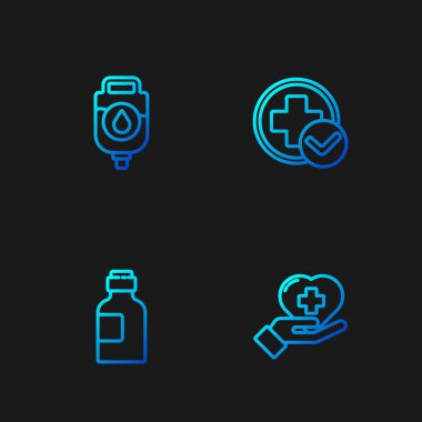 Bir haç, bir şişe ilaç şurubu, serum torbası ve Cross hastanesinin sağlık raporlarını hazırlayın. Renk simgeleri. Vektör