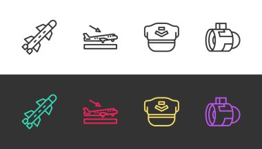 Roket roketi, uçak inişi, pilot şapkası ve jet motoru türbini siyah beyaza ayarlayın. Vektör