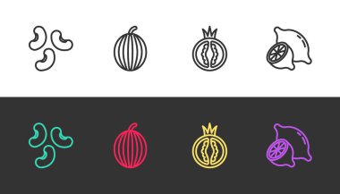 Fasulye, karpuz, domates ve limonu siyah ve beyaza ayarla. Vektör