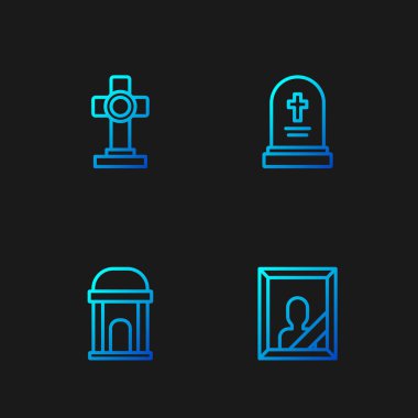 Yas tutan fotoğraf çerçevesi, eski mahzen, mezar taşı ve haçla çizilmiş mezar. Renk simgeleri. Vektör