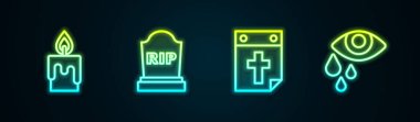 Yakıcı mum, RIP yazılı Tombstone, Takvim ölümü ve göz yaşartıcı göz. Parlayan neon ikonu. Vektör