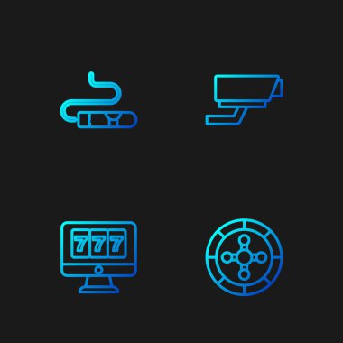 Kumarhane rulet masası, online slot makinesi, büyük ikramiye, puro ve güvenlik kamerası. Renk simgeleri. Vektör