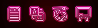 Dosya dizinini, tercümanı, palet ve kiremitli boya fırçasını ayarla. Parlayan neon ikonu. Vektör