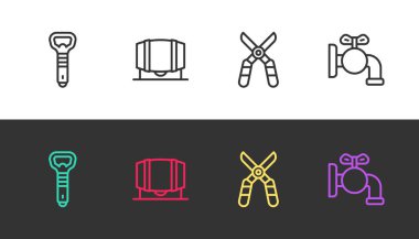 Şişe açacağı, şarap için tahta fıçı bahçıvanlık makası ve siyah beyaz musluk. Vektör