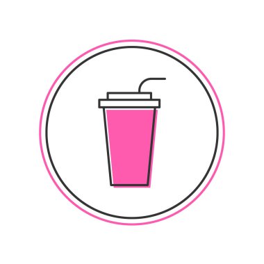 Kağıt bardakla doldurulmuş, beyaz arka planda izole edilmiş saman ve su ikonu var. Soda bardağı. Taze soğuk içecek sembolü. Vektör