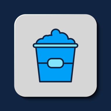 Mavi arka planda izole edilmiş karton kutu simgesiyle çizilmiş patlamış mısır. Patlamış mısır kutusu. Vektör