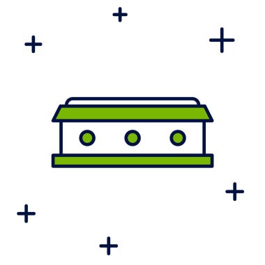 Tabut ana hatlarını, beyaz arka planda izole edilmiş Hıristiyan haç simgesiyle doldurmuş. Mutlu Cadılar Bayramı Partisi. Vektör