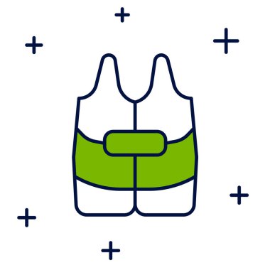 Doldurulmuş ana hatlı Can yeleği simgesi beyaz arkaplanda izole edilmiş. Can yeleği ikonu. Olağanüstü bir spor. Spor malzemeleri. Vektör