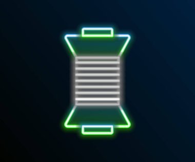 Parlayan neon çizgisi, siyah arkaplanda izole edilmiş makara simgesine iplik dikmek. İplik makarası. İplik kutusu. Renkli taslak konsepti. Vektör