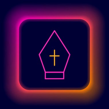 Parlayan neon hattı Papa 'nın şapka simgesi siyah arkaplanda izole edildi. Hristiyan şapkası işareti. Renkli taslak konsepti. Vektör