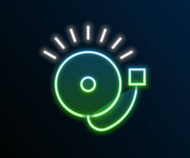 Parlayan neon hattı alarm zili simgesi siyah arkaplanda izole edildi. Yangın alarmı. Servis zili, el zili işareti, uyarı sembolü. Renkli taslak konsepti. Vektör