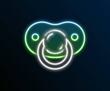 Parlayan neon hattı Bebek Emzik simgesi siyah arkaplanda izole edildi. Çocuk oyuncağı. Renkli taslak konsepti. Vektör