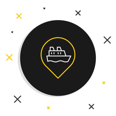 Yolcu gemisi simgesine sahip çizgi konumu beyaz arka planda izole edildi. Seyahat turizmi deniz taşımacılığı. Yolcu gemisi, yolcu gemisi. Renkli taslak konsepti. Vektör