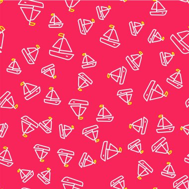 Line Yat yelkenlisi ya da yelkenli gemi simgesi kırmızı zeminde izole edilmiş pürüzsüz desen. Yelkenli deniz seyahati. Vektör