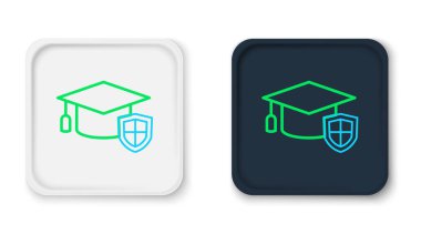 Beyaz zemin üzerinde kalkan simgesi olan çizgi mezuniyet şapkası. Sigorta konsepti. Güvenlik, güvenlik, koruma, konsept koruma. Renkli taslak konsepti. Vektör