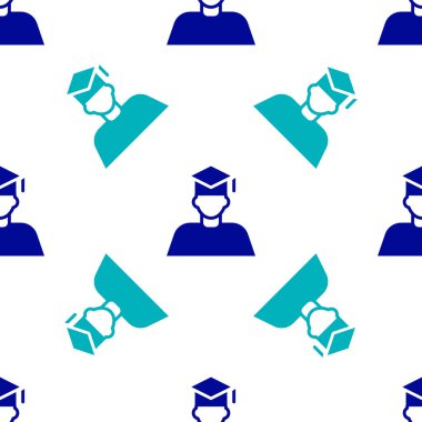 Mavi Mezuniyet ve mezuniyet şapkası simgesi beyaz arka planda izole edilmiş kusursuz desen. Vektör.