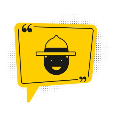 Black Canadian ranger hat uniform icon isolated on white background. Yellow speech bubble symbol. Vector clipart