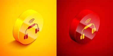 Isometric Smart kulaklık sistemi simgesi turuncu ve kırmızı arka planda izole edildi. İnternet kavramının kablosuz bağlantısı. Çember düğmesi. Vektör