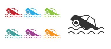 Siyah Flood araba simgesi beyaz arkaplanda izole edildi. Sigorta konsepti. Sel felaketi konsepti. Güvenlik, güvenlik, koruma, konsept koruma. Simgeleri renklendirin. Vektör